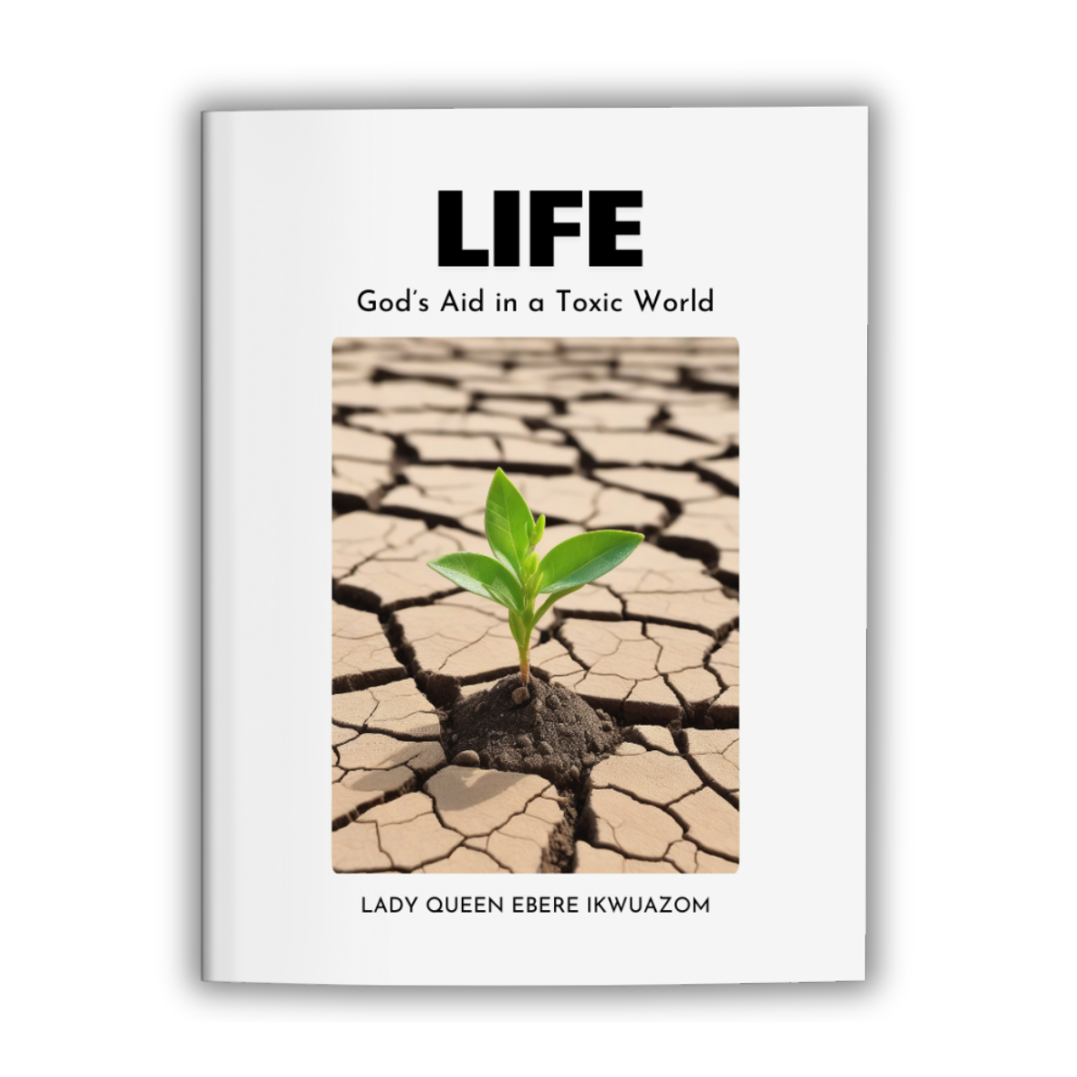 Book cover of "LIFE: God’s Aid in a Toxic World" by Lady Queen Ebere Ikwuazom, featuring a green plant sprouting from cracked dry earth, symbolizing hope and resilience.